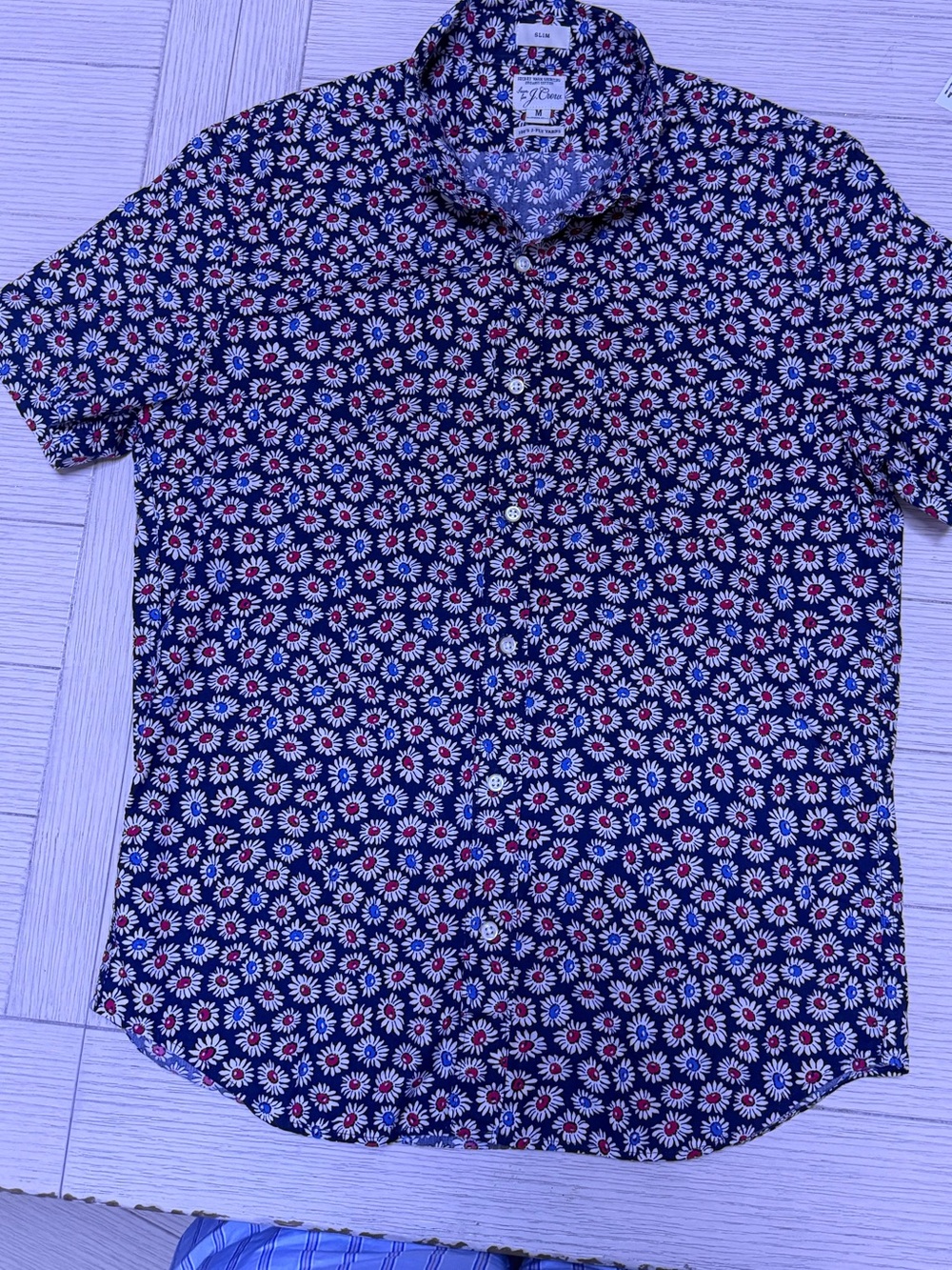 J. Crew Navy Short-Sleeve Polo with White & Red Daisy Print